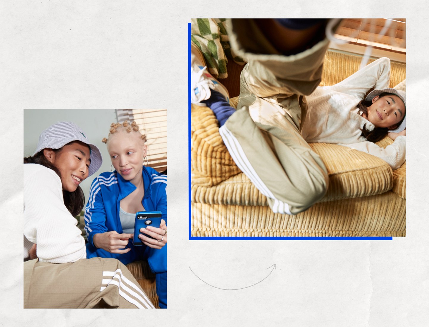 The image shows two people, one lying on a couch and the other sitting next to them, both appearing to be engaged with their mobile devices.