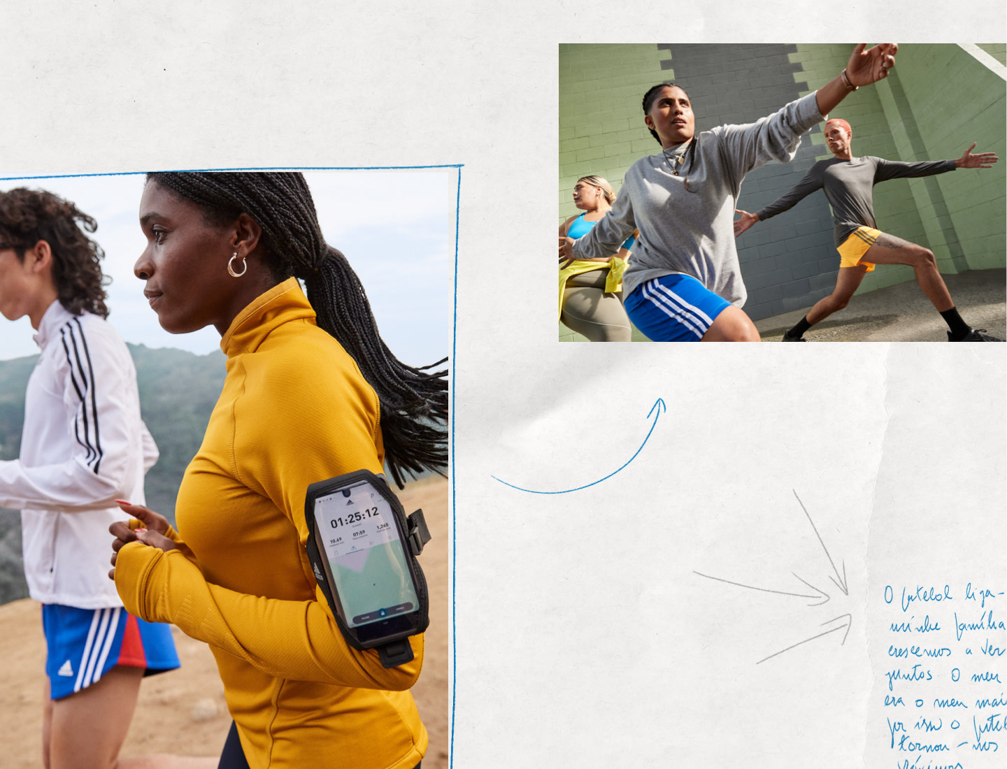 The image shows a woman in a yellow jacket holding a mobile device, with a group of people engaged in physical activity in the background.