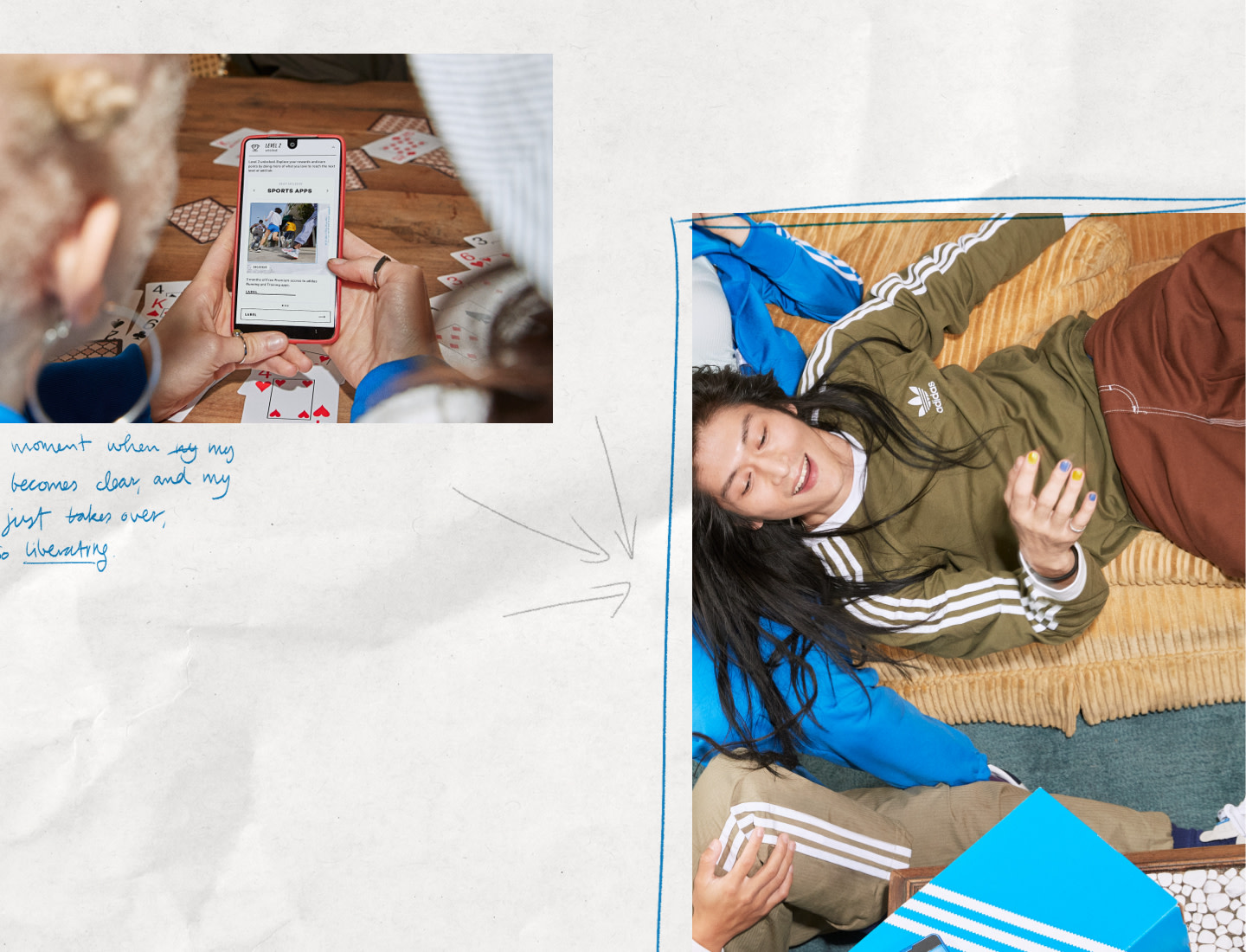 The image shows a person using a smartphone while lying on a couch, surrounded by various items such as books, papers, and a blue blanket.