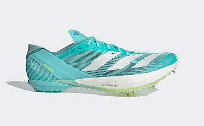 A pair of teal and white athletic shoes with a distinctive design, set against a plain background.