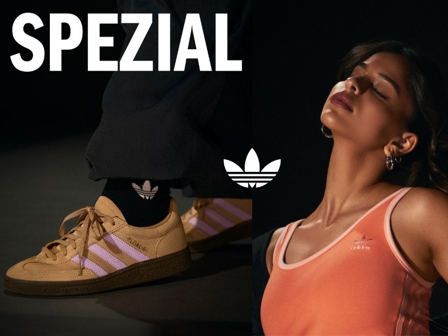 The image features a person wearing a pink tank top and a pair of Adidas sneakers in the foreground, with the Adidas logo and the word "SPEZIAL" prominently displayed in the background.