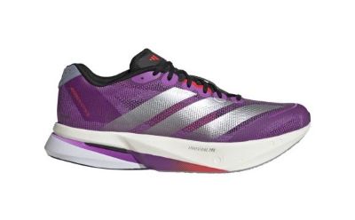 A vibrant purple and black athletic shoe with a thick sole and distinctive design elements, set against a plain white background.