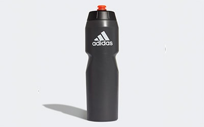 A black sports water bottle with the Adidas logo prominently displayed on a plain white background.