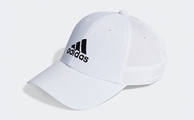 A white baseball cap with the Adidas logo prominently displayed against a plain white background.