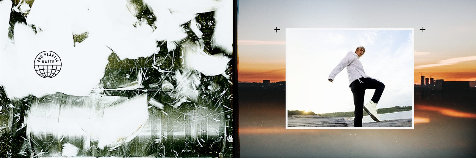 The image appears to be a collage or composite, with a distorted, abstract foreground and a serene landscape in the background featuring a person walking along a body of water at sunset.