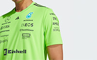 A green jersey with various logos and text, including "INEOS" and "Enshell", is displayed prominently in the foreground.