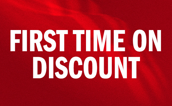 The image displays the text "FIRST TIME ON DISCOUNT" in large white letters against a vibrant red background.