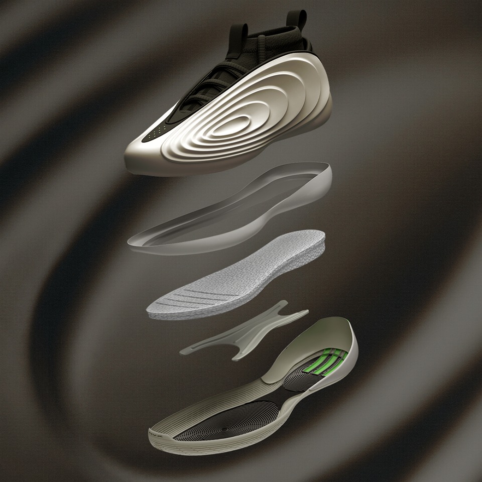The image depicts the disassembled components of a modern athletic shoe, including the sole, midsole, and upper sections, all arranged in a visually striking and abstract manner against a dark background.