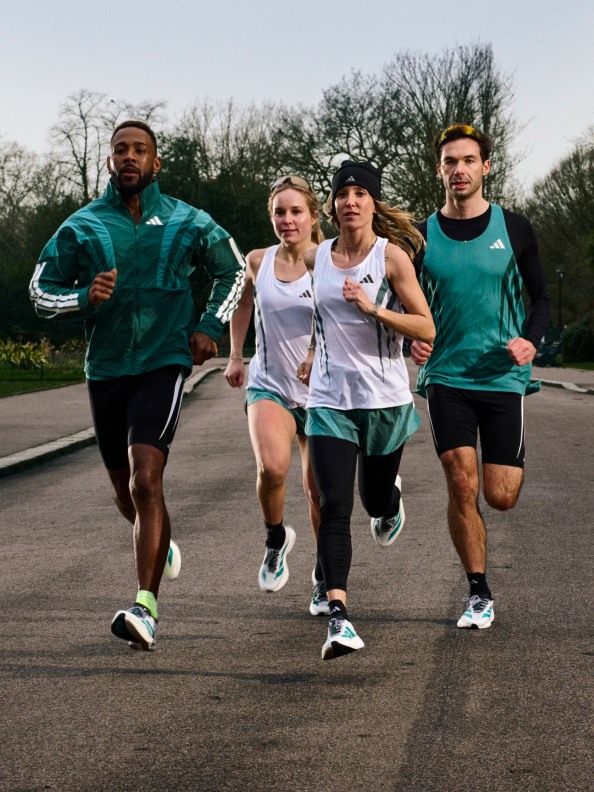Four images show of various male and female runners wearing the new Adizero Boston 13 in urban settings.