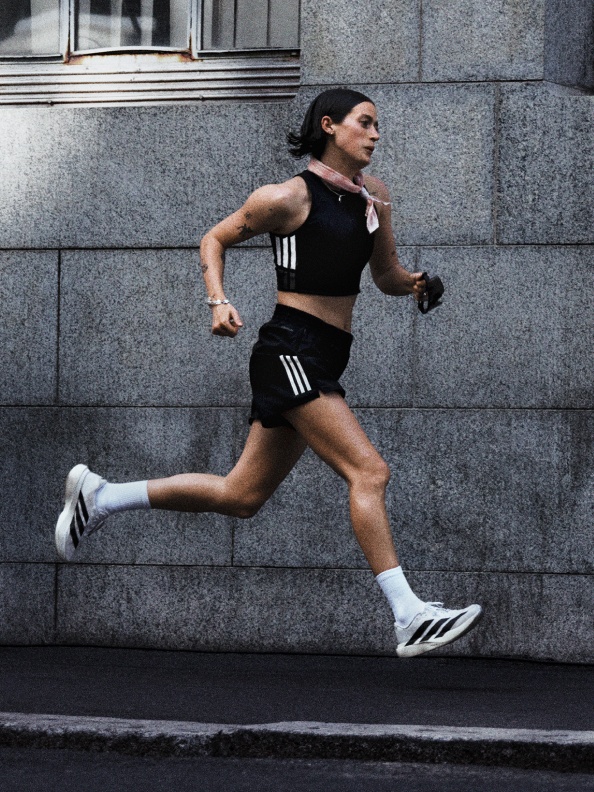 Images showing men and women in Adizero EVO SL colourways, in running and lifestyle scenarios.