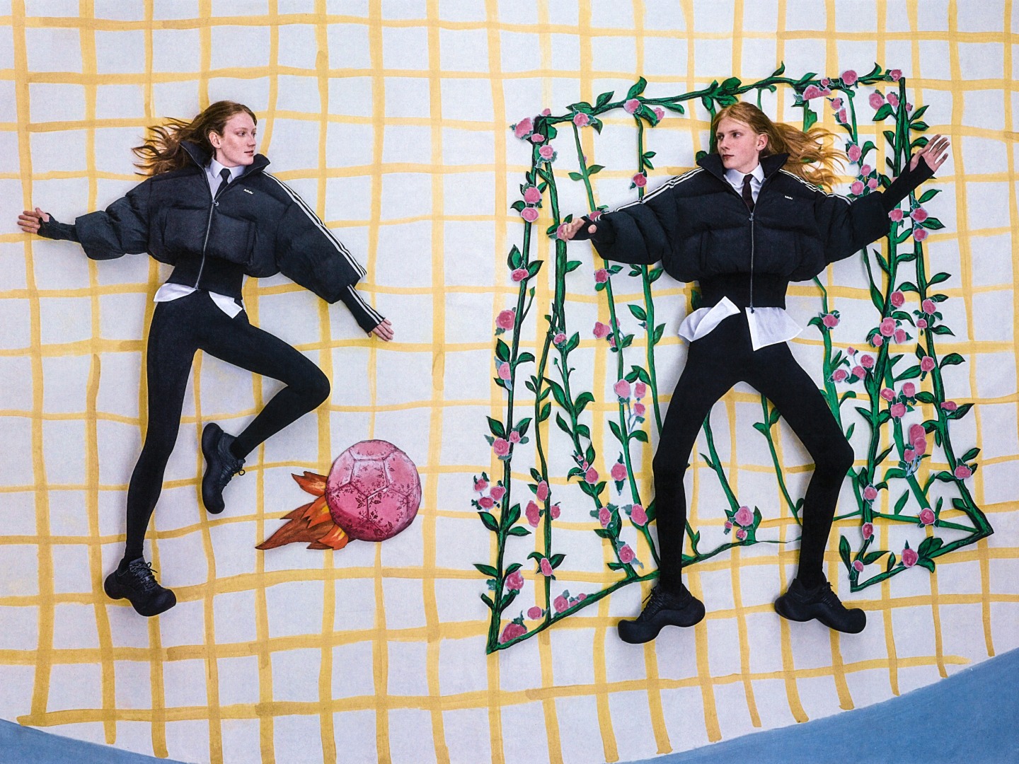 Two individuals in black outfits are jumping in the air against a yellow and white checkered background, with a floral arch and a pink object on the ground.