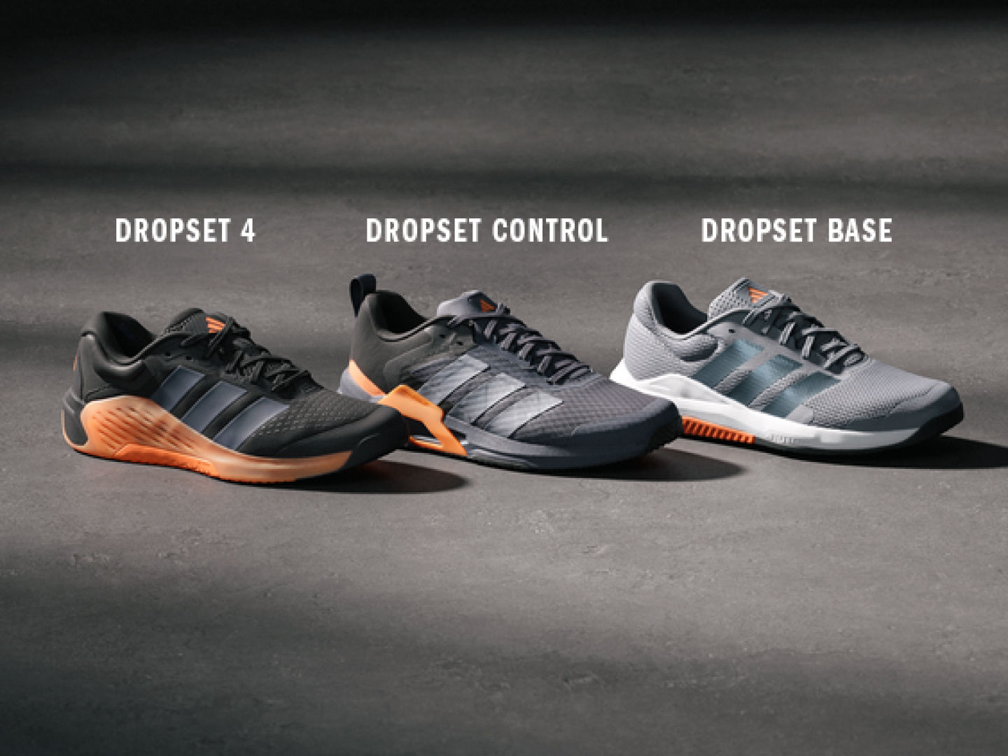 Ba mẫu giày chạy bộ adidas Dropset khác nhau được hiển thị trên nền tối, thể hiện thiết kế và tính năng riêng biệt của chúng.