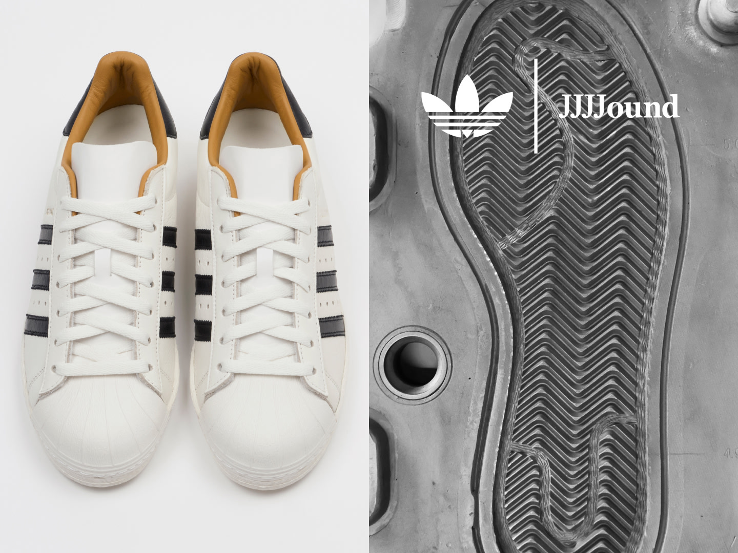 A detailed close-up of the adidas Originals x JJJJound Superstar sneaker in white and black, showing views from above and below.