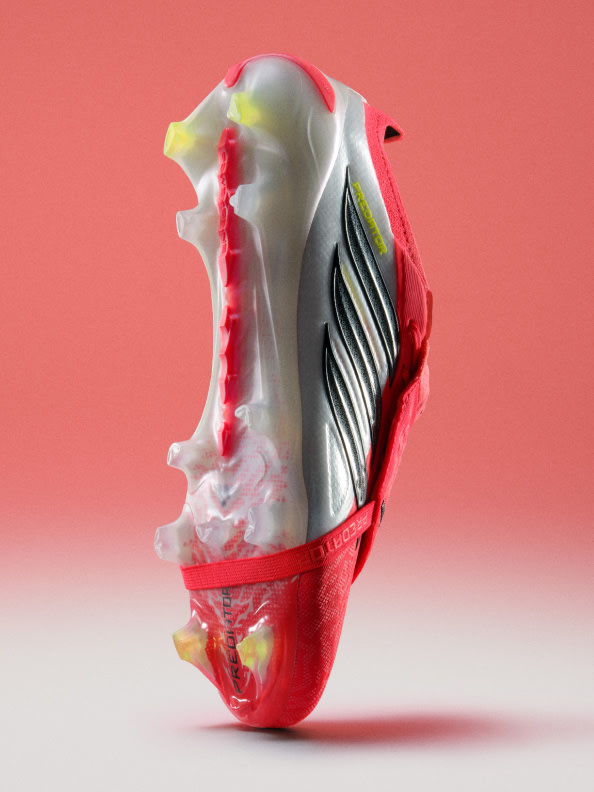 A partially dissected anatomical model of a human foot, with exposed bones and tendons, set against a vibrant red background.