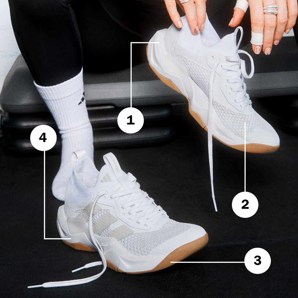 Das Bild zeigt ein Paar weiße Sportschuhe mit verschiedenen beschrifteten Merkmalen, darunter die Sohle (1), die Schnürsenkel (2) und das Obermaterial (3), vor einem dunklen Hintergrund, wobei die Beine einer Person im Vordergrund zu sehen sind (4).