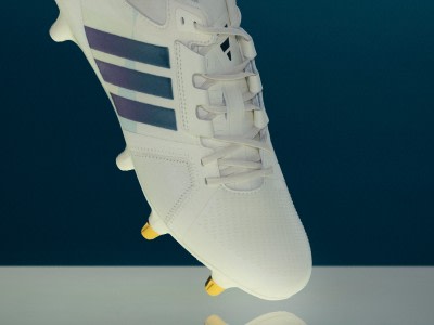 Close up of the adidas RS15 Avaglide rugby  white boots