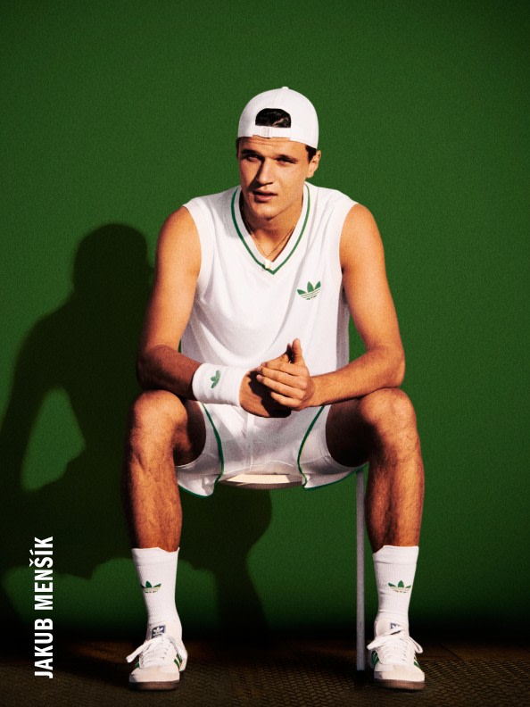 A group of photos showing, in order, tennis players Wang Xinyu, Jakub Mensik, Elina Svitolina and Stefanos Tsitsipas. They're all wearing the London Originals Collection.