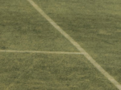 A grassy field with faint white lines forming a diagonal pattern across the surface.