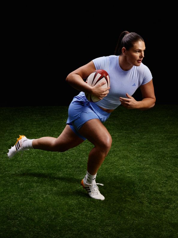 Four images showcasing the new adidas rugby boot range. The first image is an action shot of rugby player Finn Russel diving for a ball on the pitch. He's wearing the adizero RS15 Pro rugby boots in the new colourway. The third image is an action shot of rugby player Ilona Maher running with a ball on the pitch. She's wearing the Avaglide rugby boots in the new colourway.