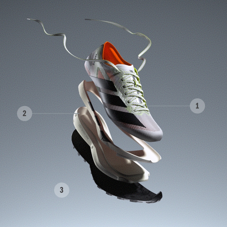 A pair of white and black athletic shoes with red accents appears to be levitating against a plain gray background.