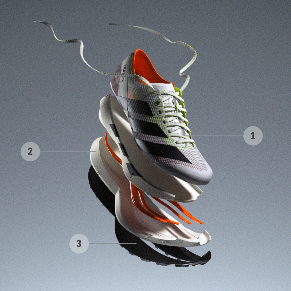 A sleek, futuristic-looking sneaker with bold colors and dynamic lines, suspended against a plain gray background.