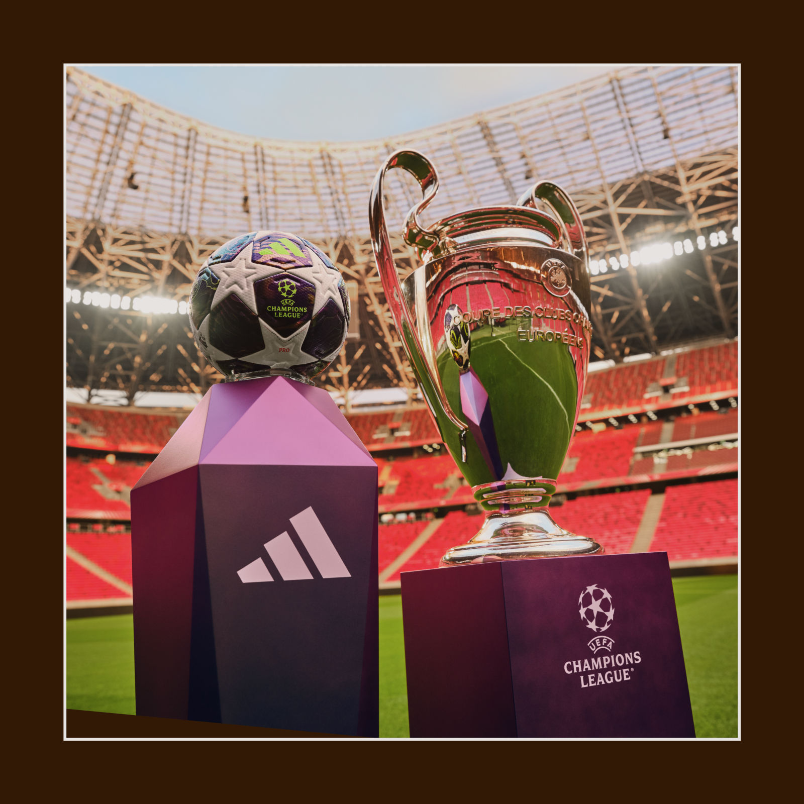 The image shows a UEFA Champions League trophy and a soccer ball on a field, with a stadium in the background.