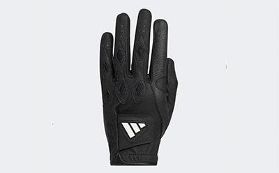A black glove with a white logo on the back, set against a plain white background.