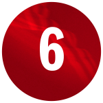 A large, bold white number "6" is prominently displayed against a vibrant red circular background.