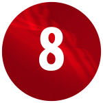 A large, bold white number "8" is prominently displayed against a vibrant red circular background.