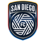 The image displays the crest or logo of the San Diego Football Club, featuring a bold, geometric design in navy blue, yellow, and white colors.