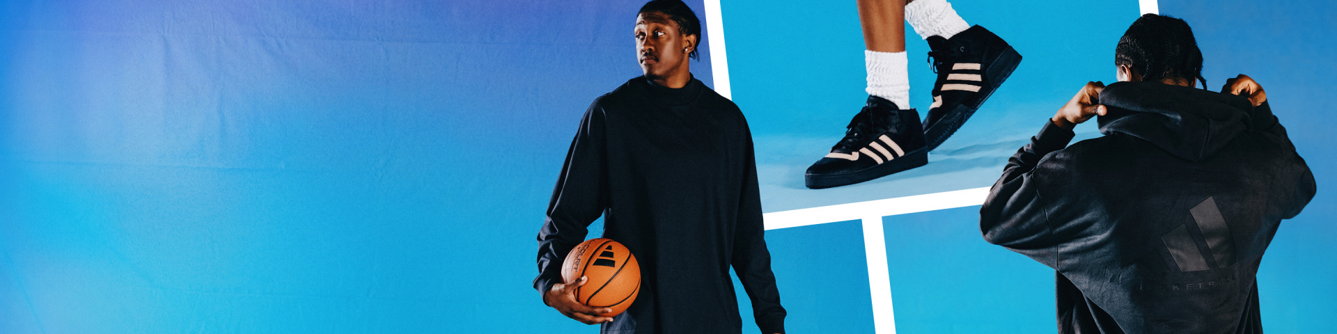 Collage of male basketball athlete wearing black top and shorts, white socks and three-stripes shoes, and holding basketball, against blue background
