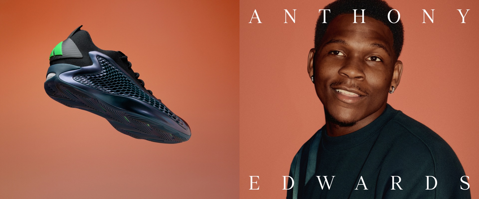 Anthony Edwards' adidas Arctic Night basketball trainer next to the basketball players photo. The text ""ANTHONY"" appears above and ""EDWARDS"" below, framing his face. 