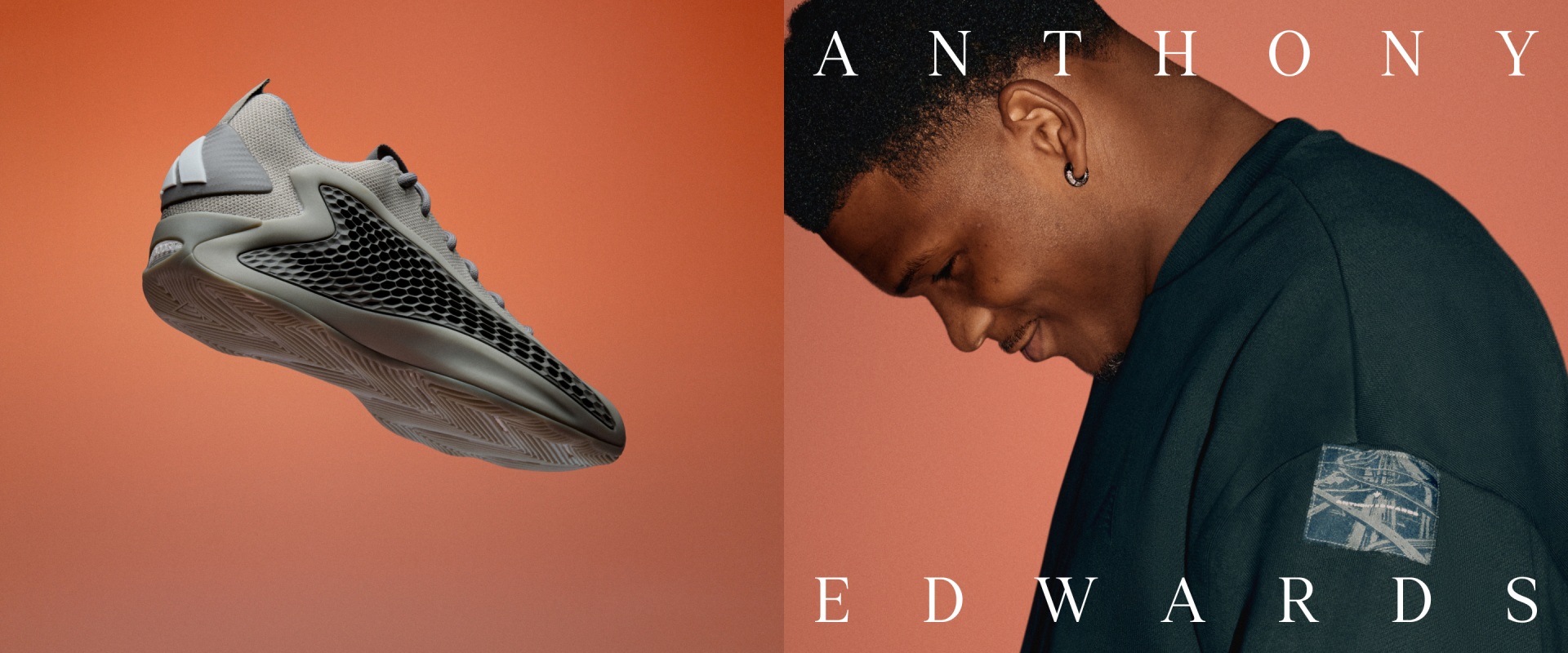 Anthony Edwards' adidas Metal Gray basketball trainer next to the basketball players photo of him smiling and looking downwards. The text ""ANTHONY"" appears above and ""EDWARDS"" below, framing his face. 