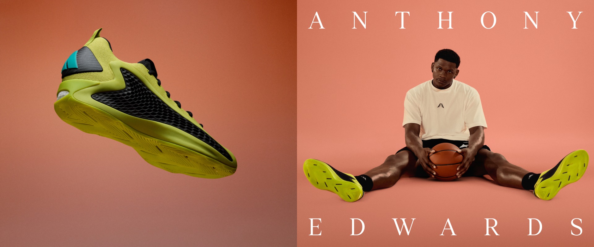 The image features a pair of vibrant green and black athletic shoes in the foreground, with Anthony Edwards wearing a white shirt sitting on the floor in the background against a coral-colored wall.