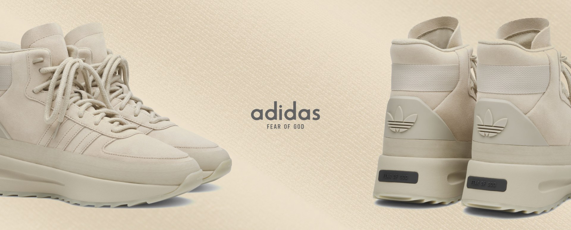 Two pairs of beige adidas Fear of God shoes against soft beige background