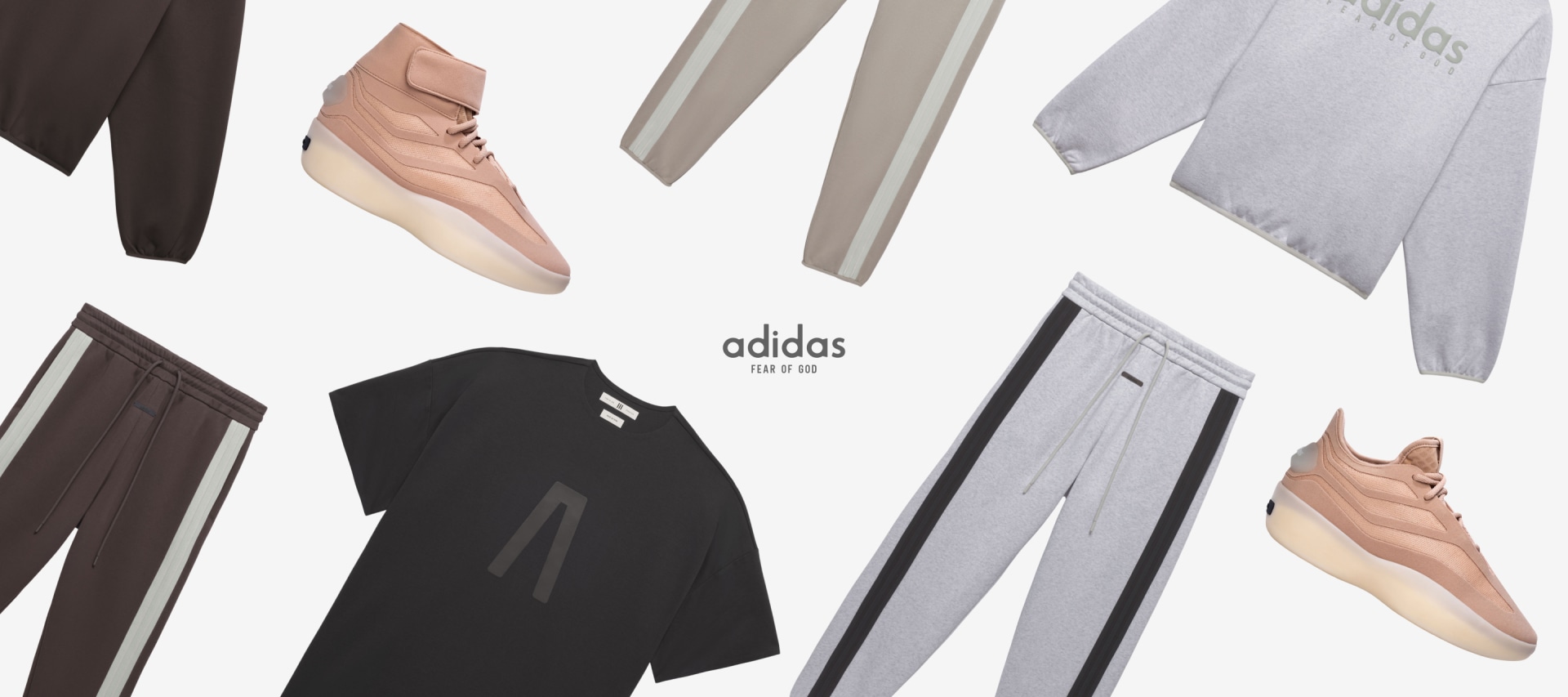 The image features various Adidas clothing and footwear items, including a black jacket, a white shirt, and a pair of beige sneakers, arranged against a plain background.