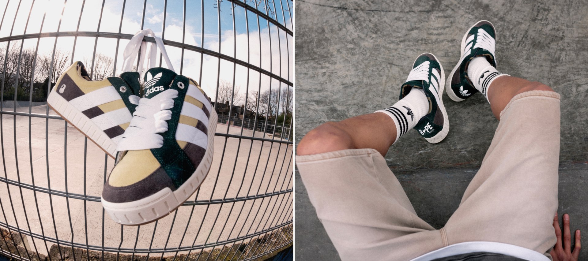 The adidas N x BAPE® is worn in movement in an industrial setting.