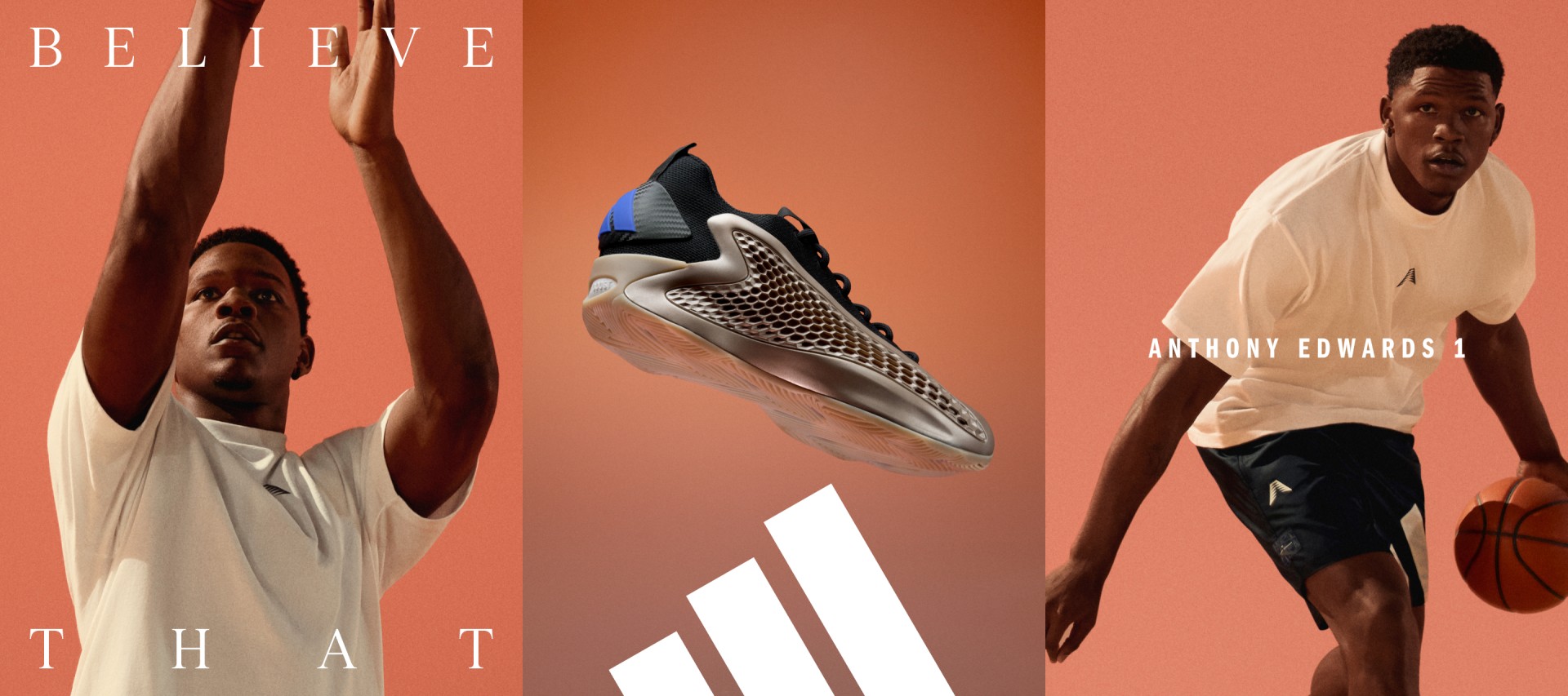 The image features a pair of athletic shoes prominently displayed in the center, with two individuals in the background striking dynamic poses against a vibrant orange backdrop.