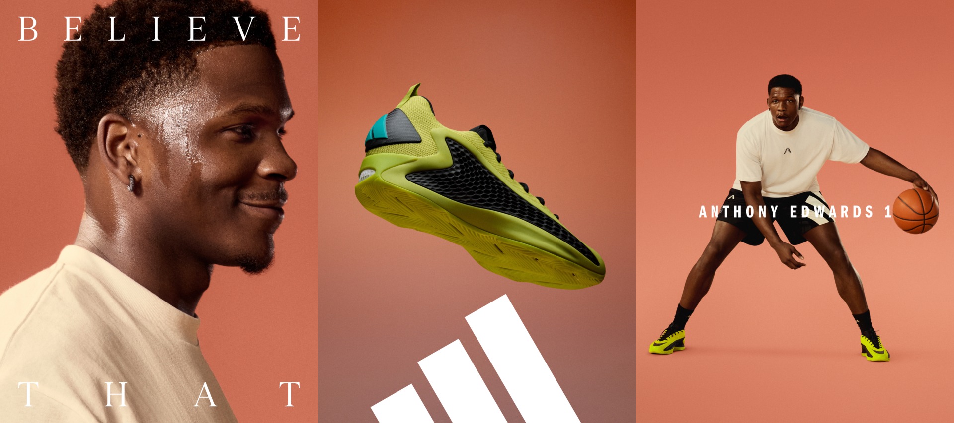 The image features a close-up of a Anthony Edwards' face on the left, with a large, colorful athletic shoe in the center, and he in athletic attire on the right, all set against a vibrant orange background.