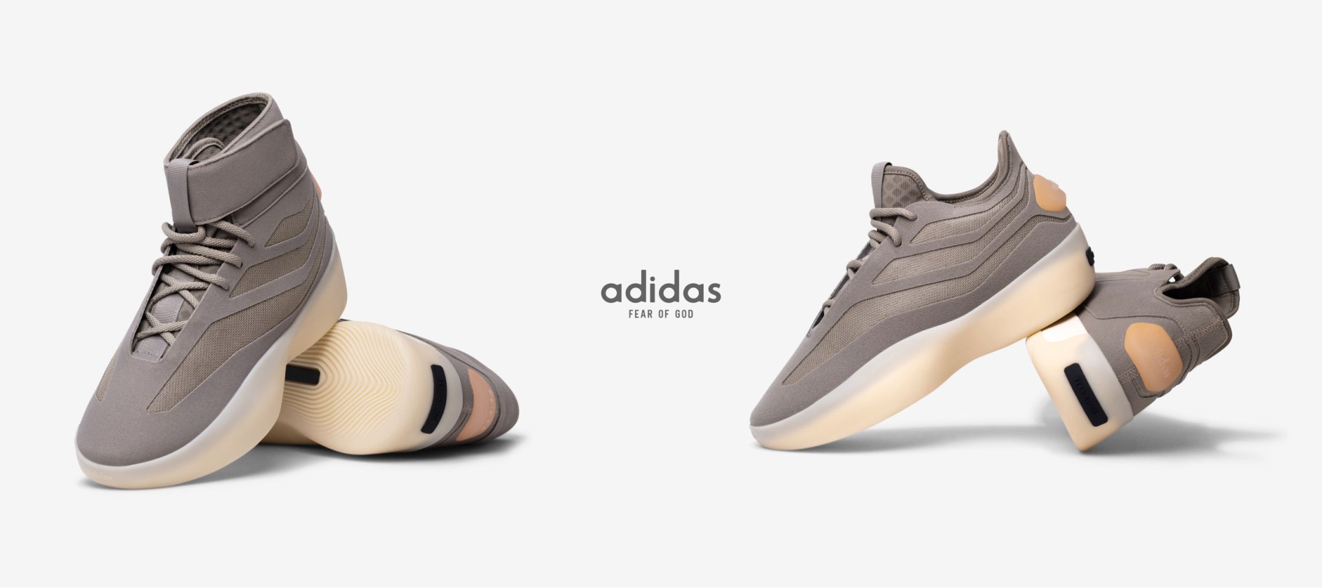 The image shows a pair of gray and beige Adidas sneakers with a distinctive design and sole.