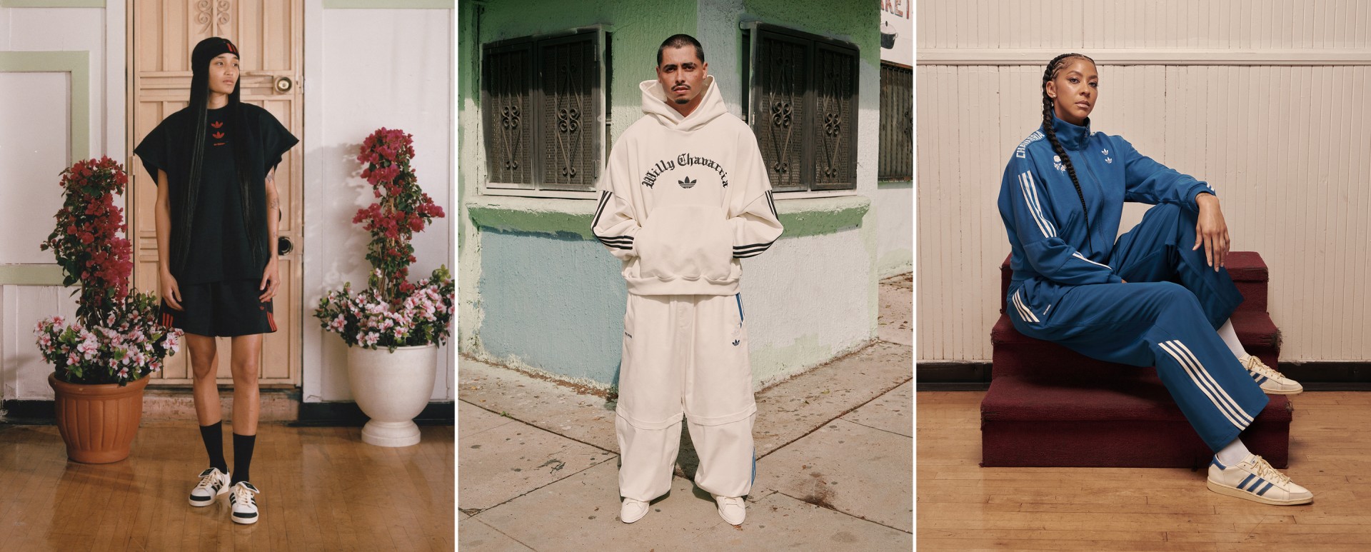 Three individuals wearing stylish outfits stand in different settings, with the background providing context to each scene.