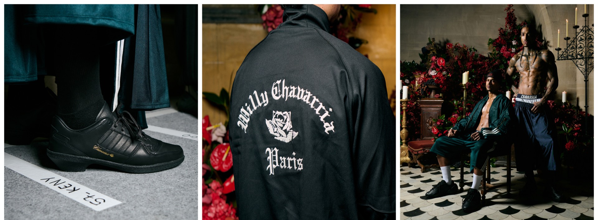 The image shows a group of people wearing green and white uniforms, standing in a line and walking through a dimly lit hallway with ornate architectural features in the background.