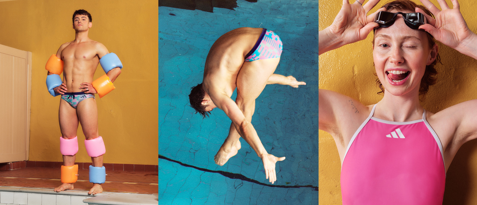 La imagen incluye tres fotografías independientes que muestran a personas practicando diferentes posturas deportivas o relacionadas con el fitness. La primera fotografía muestra a una persona con ropa deportiva colorida, la segunda fotografía muestra a una persona sumergiéndose en un cuerpo de agua y la tercera fotografía muestra a una persona con una expresión exuberante.