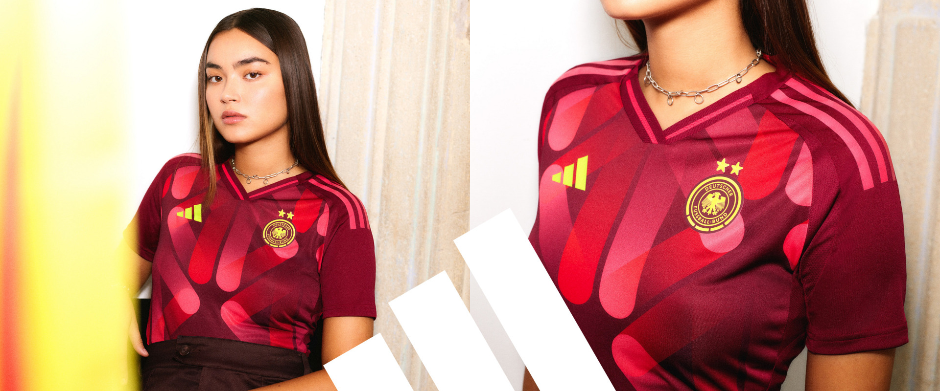 Das Bild zeigt eine junge Frau in einem rot-goldenen Fußballtrikot vor einem glatten Hintergrund.