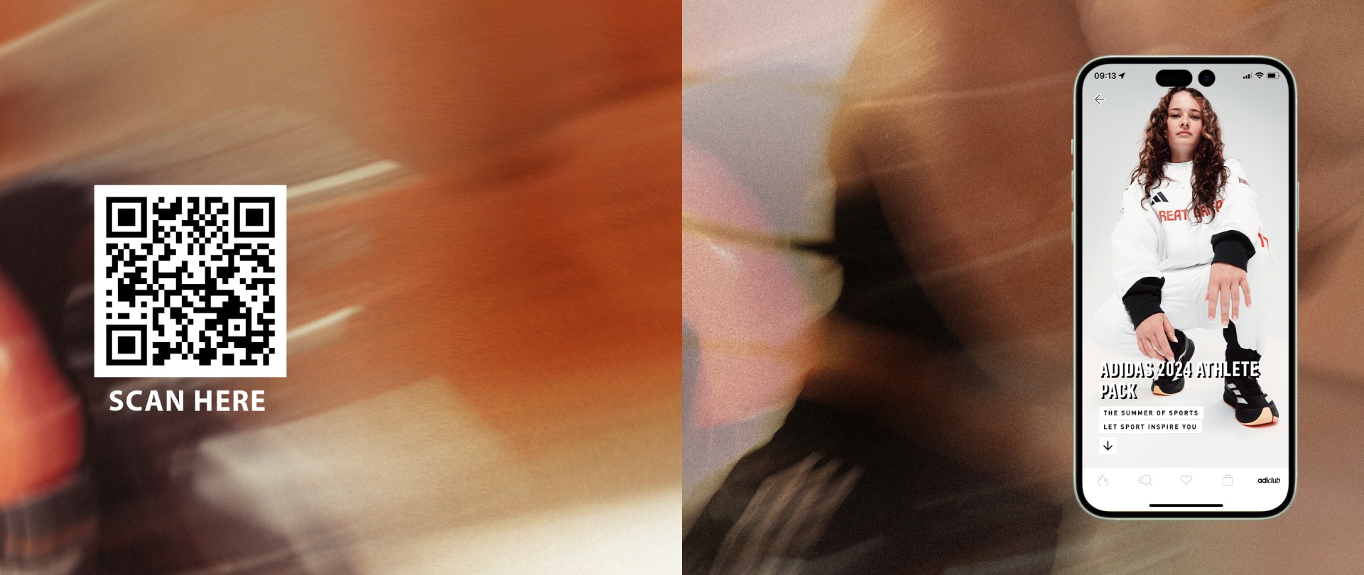 The image shows a QR code in the foreground, with a blurred image of a person's legs and feet in the background.