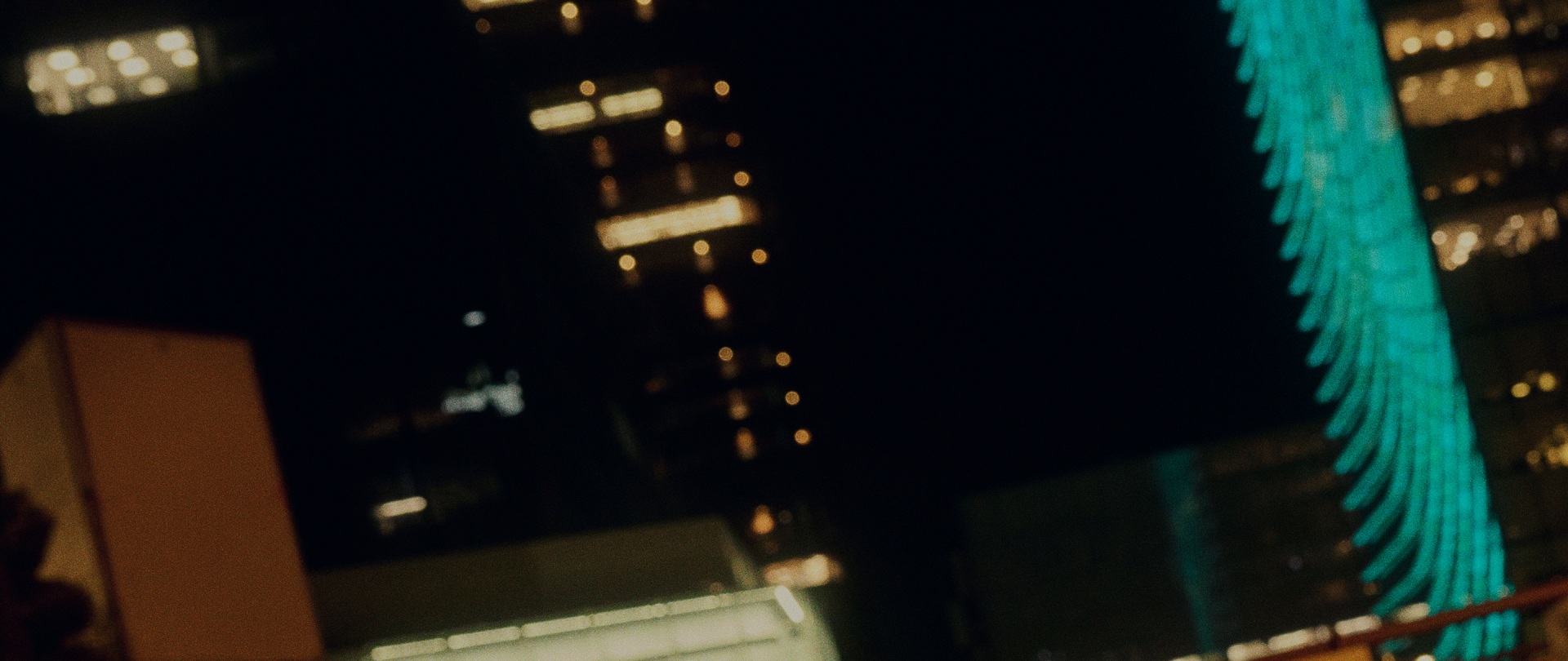 Un fondo oscuro y difuminado con un objeto verde intenso y pluvial en primer plano, creando un contraste llamativo.