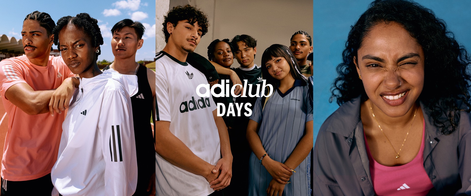 A three-image layout. One showing three people hanging out in a gym, one of a smiling group on a running track, shot from above, and the other a striking portrait of someone wearing adidas Originals. 