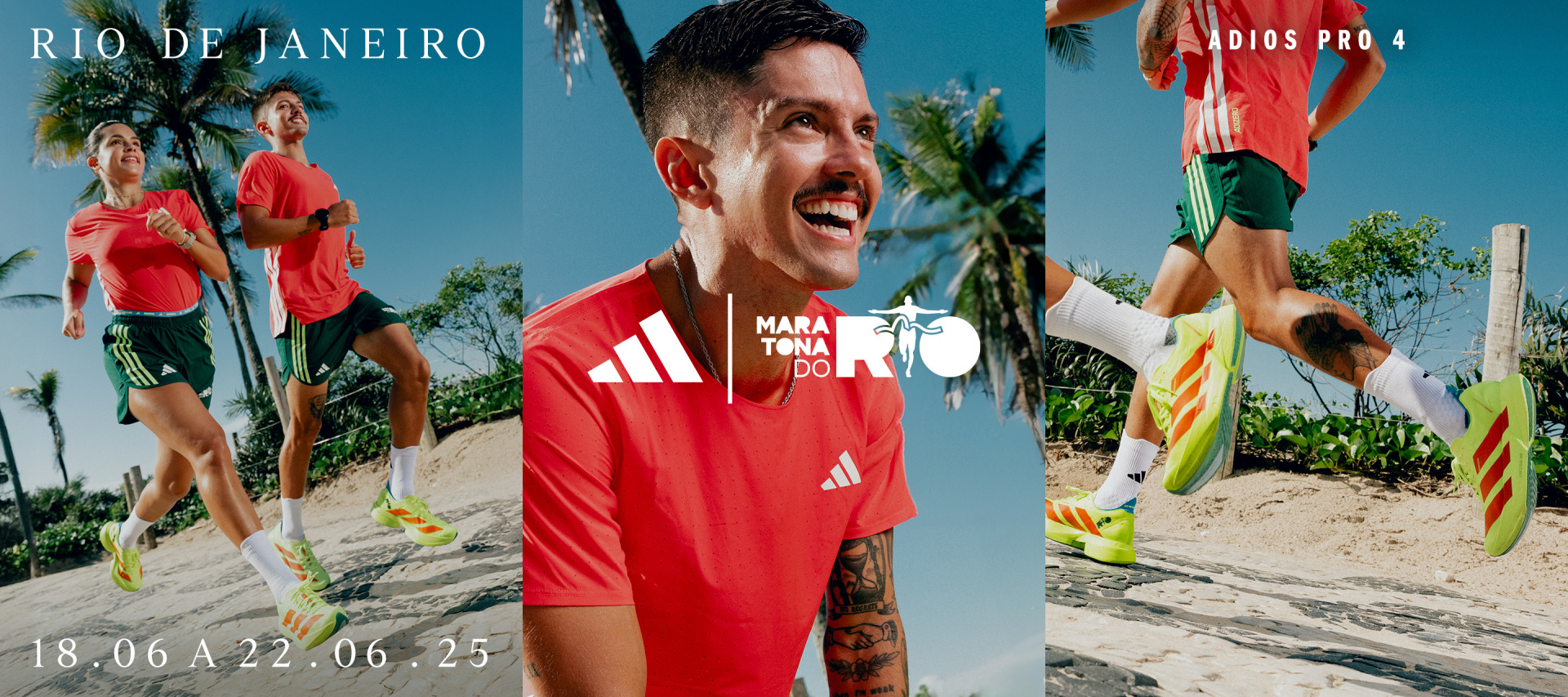The image shows a man wearing a red soccer jersey with the Adidas logo, standing on a beach with palm trees in the background. The man appears to be celebrating or cheering, with his arms raised and a smile on his face.