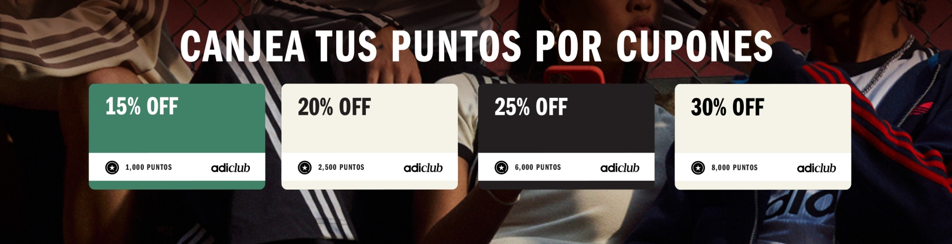 The image displays various discount offers for an adidas club, with percentages of 20%, 25%, and 30% off, along with the corresponding points required to redeem the offers.