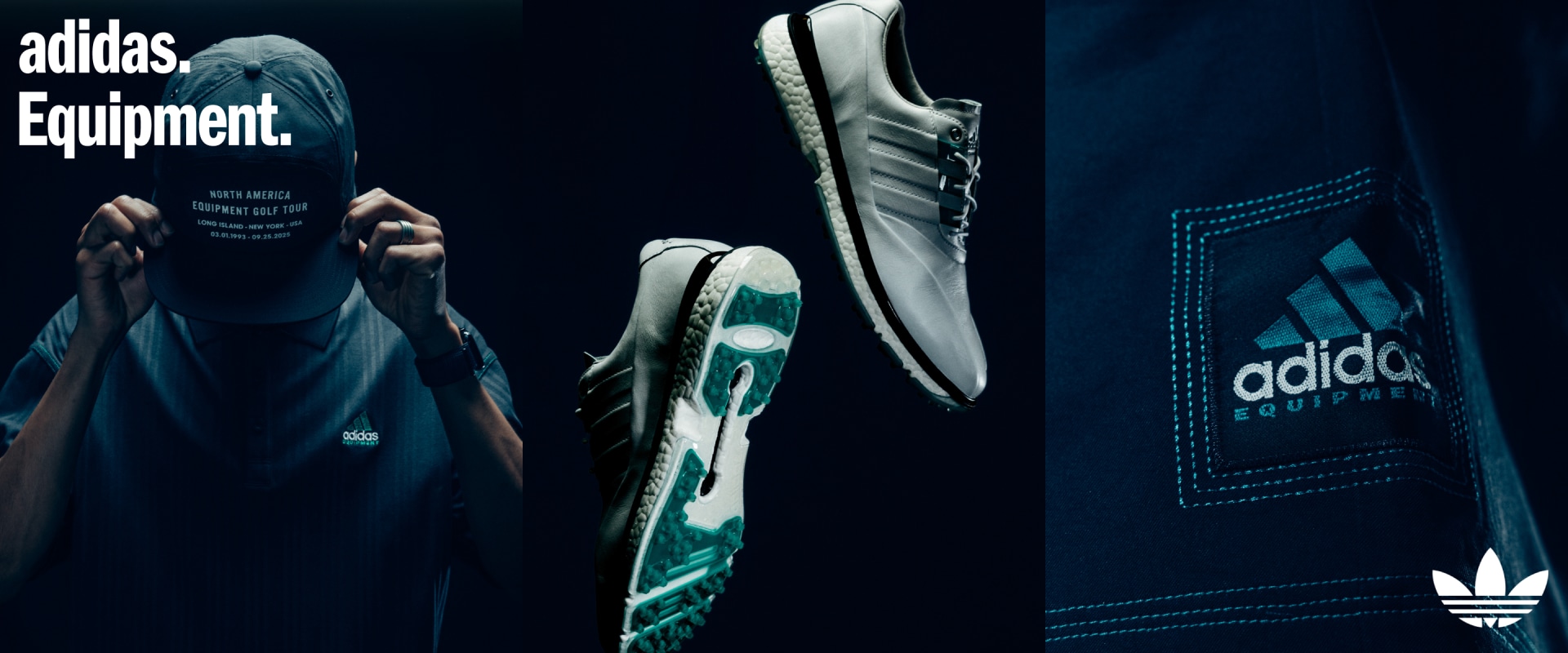 The image showcases various Adidas sports shoes and apparel against a dark background, highlighting the brand's sleek and modern design aesthetic.